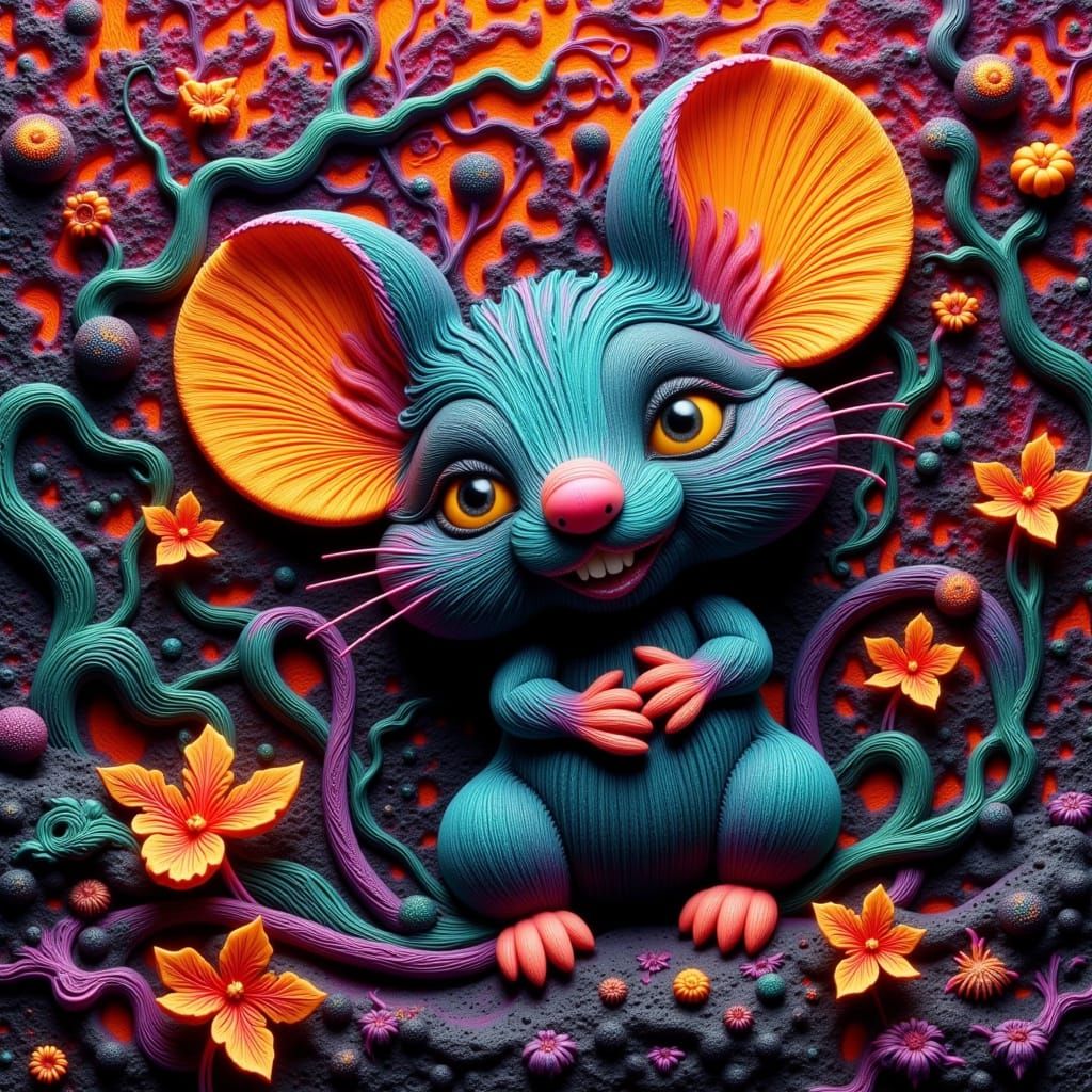 Expressive Chibi Mouse in Richly Textured Plaster Background