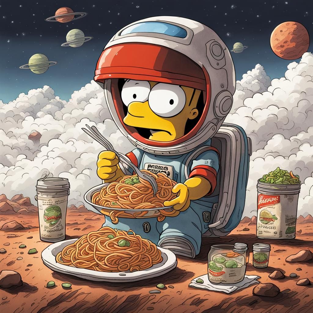 Bart Simson on the planet Mars eats spaghetti and pasta