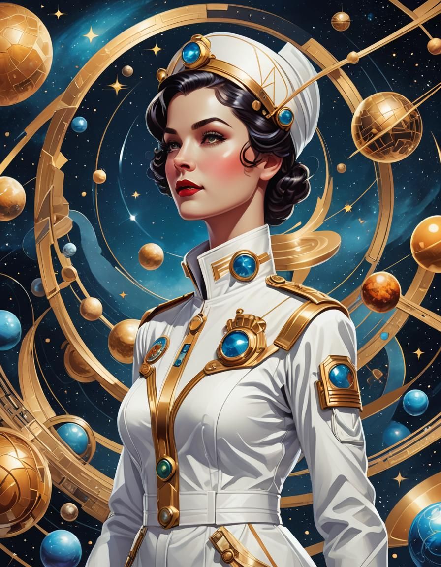 Art Deco Space Nurse in Retro-Futuristic Style