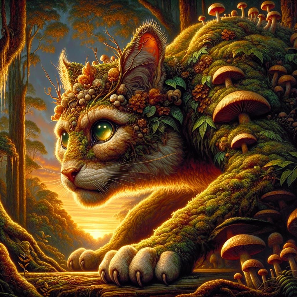 Mossy Jungle Cat Ready to Pounce, in Romantic Style