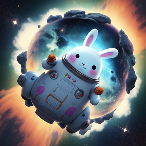 Whimsical Spacesuit Bunny Drifts Through Fuzzy Nebula