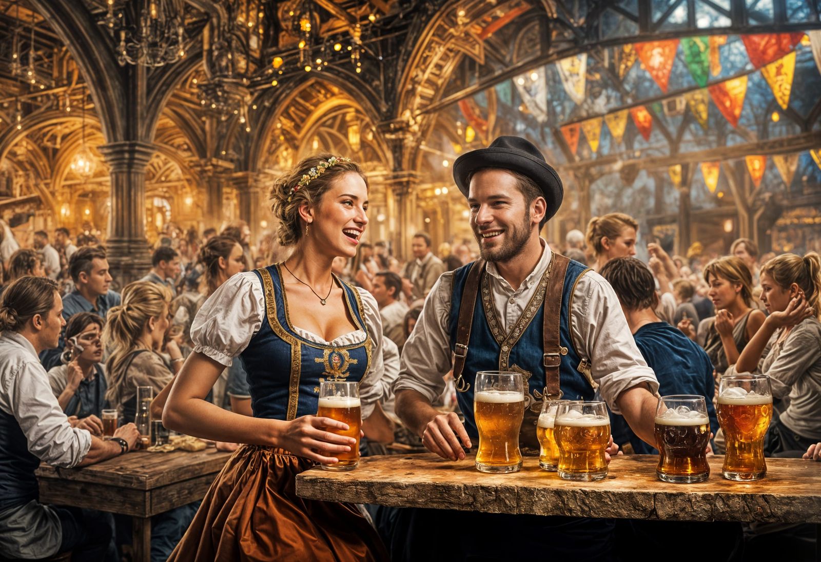 Oktoberfest: Bavarian Waitress and Happy Beer Drinkers