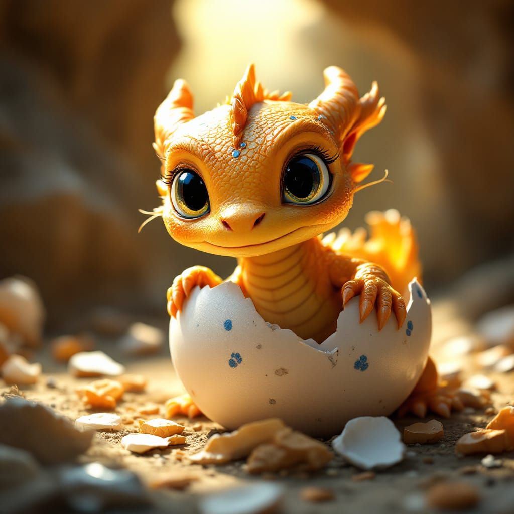 Cute Golden Dragon Hatchling in Cave Nest