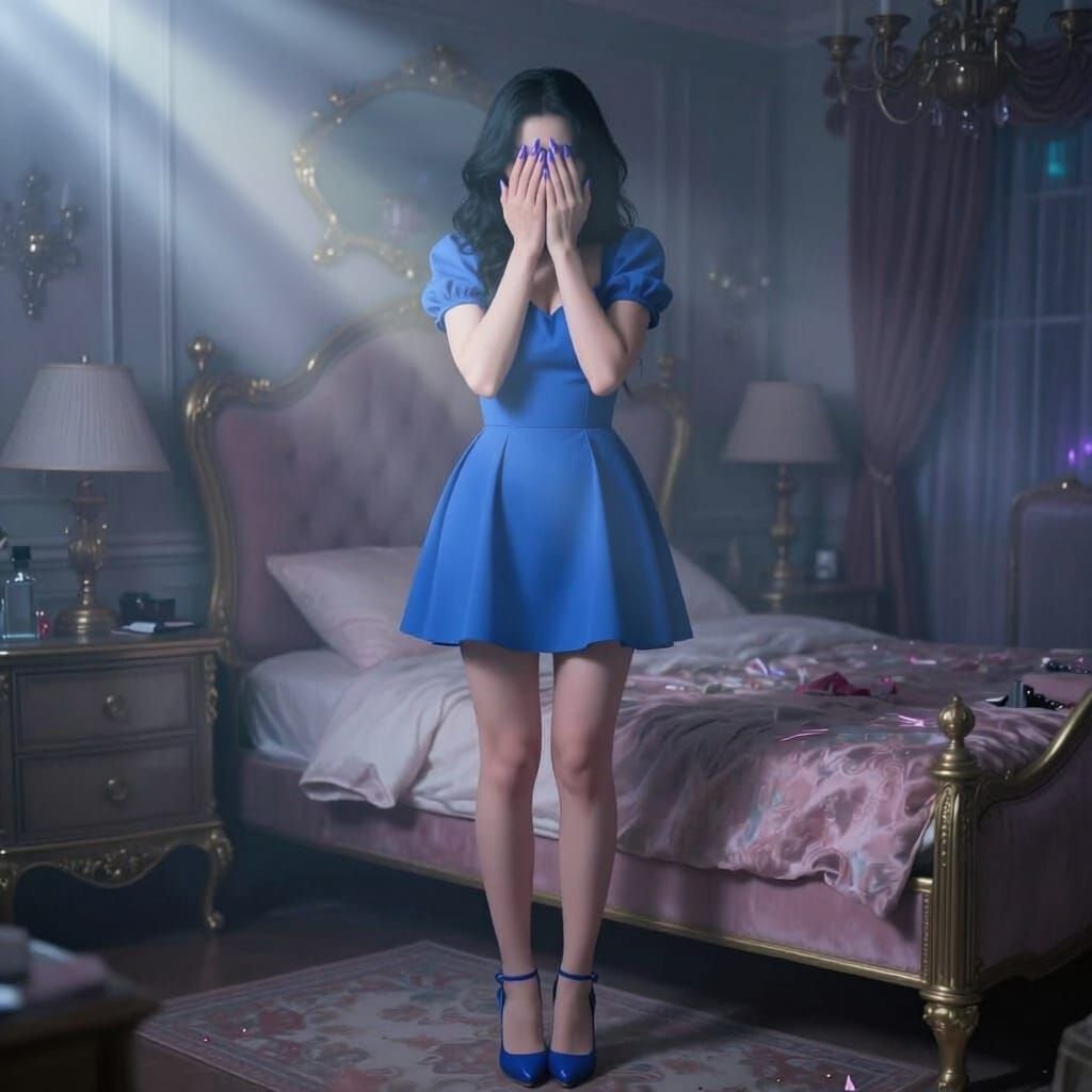 Woman in Blue Dress in Luxurious Bedroom with Ethereal Mist