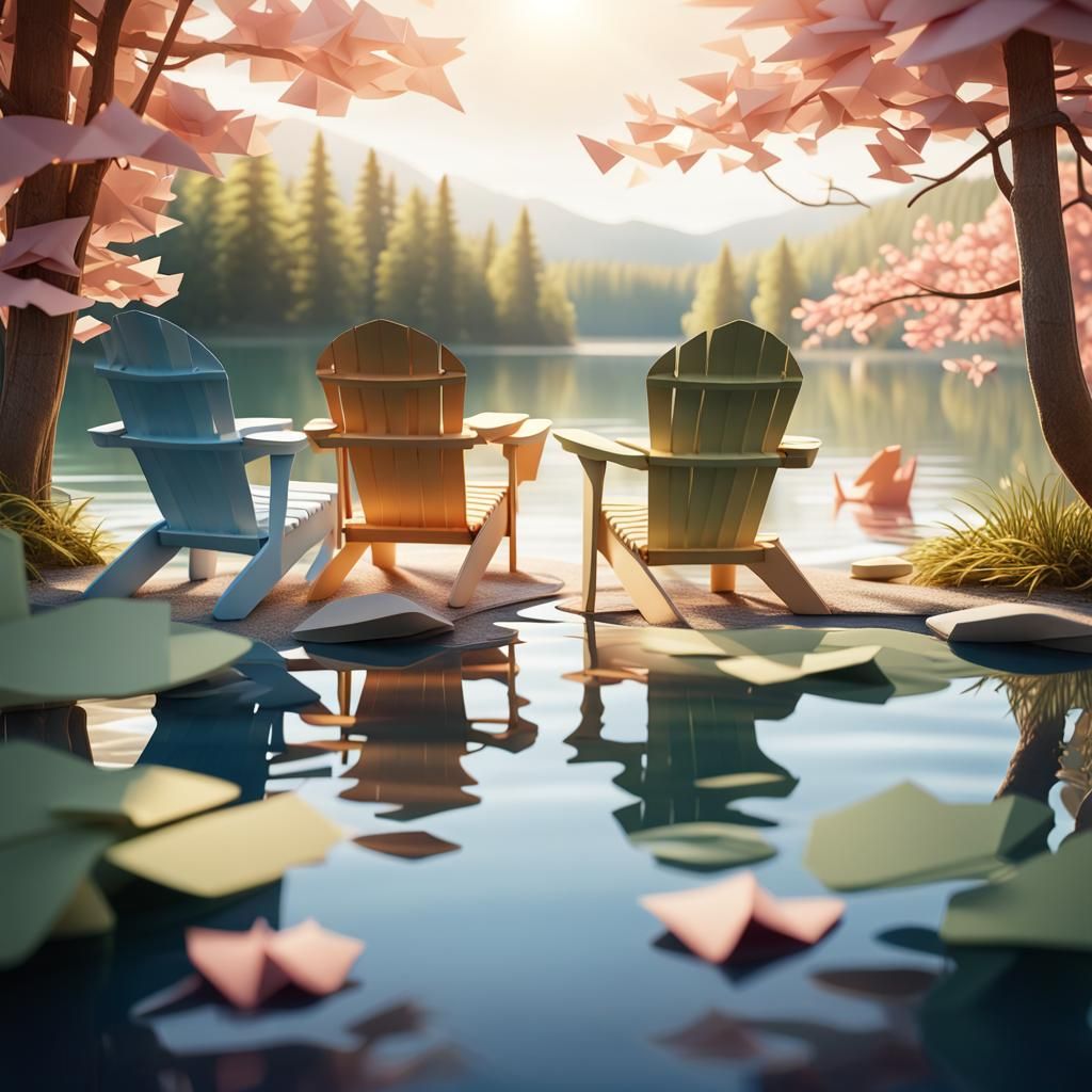 Hyperrealistic Paper Fantasy: Adirondack Chairs by Lake
