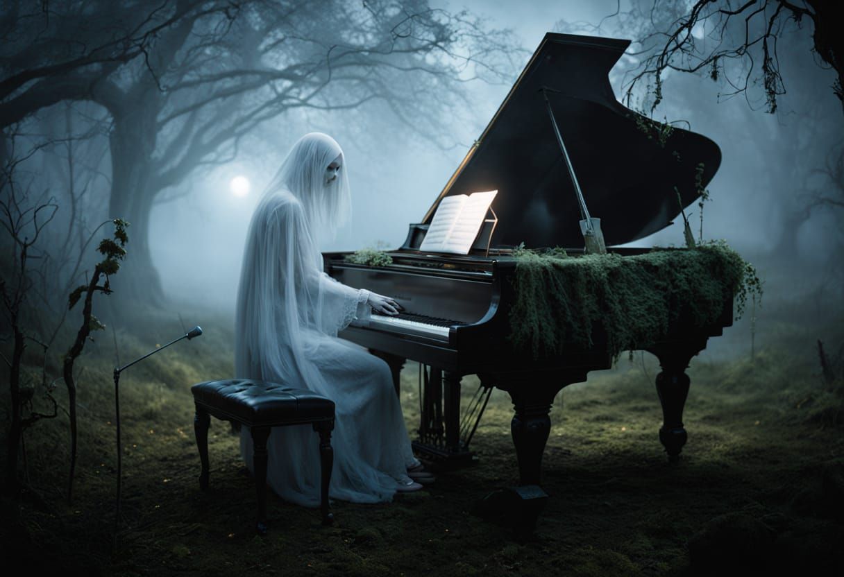 Ghost Musician Plays Piano in Foggy Graveyard
