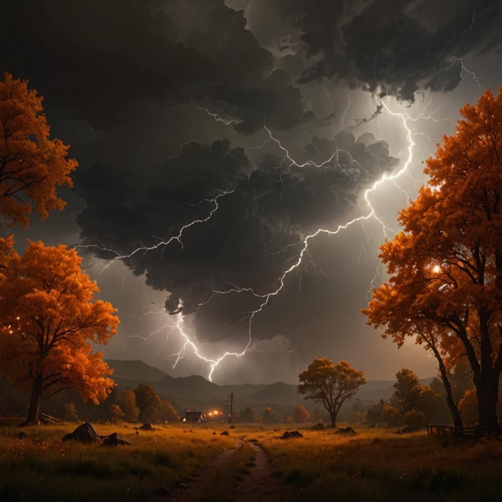 Epic Autumn Lightning Storm Digital Painting
