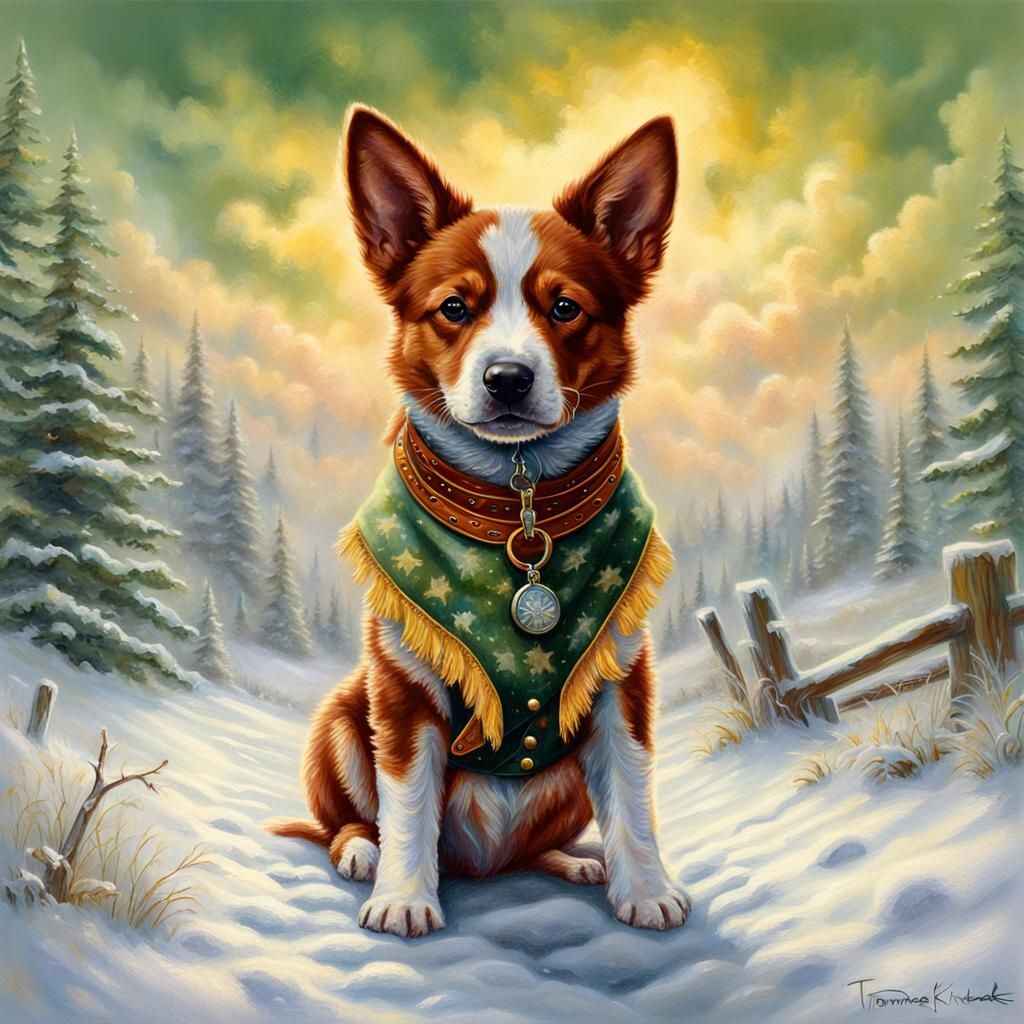 Cowboy Cattle Dog Puppy in Dreamlike Snowy Scene