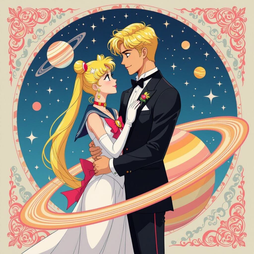 Sailor Moon and Tuxedo Man on Saturn in Pastel