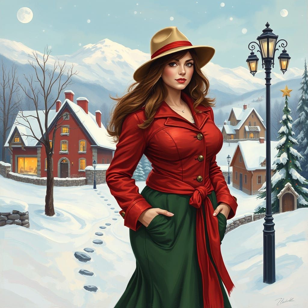 Surreal Curvy Woman in Snowy Winter Wonderland