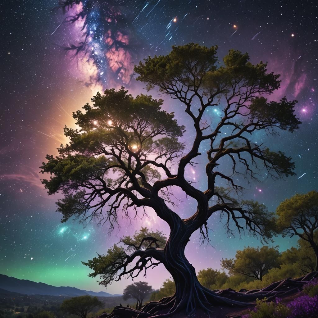 Celestial Tree Under Star Rain in Deep Space