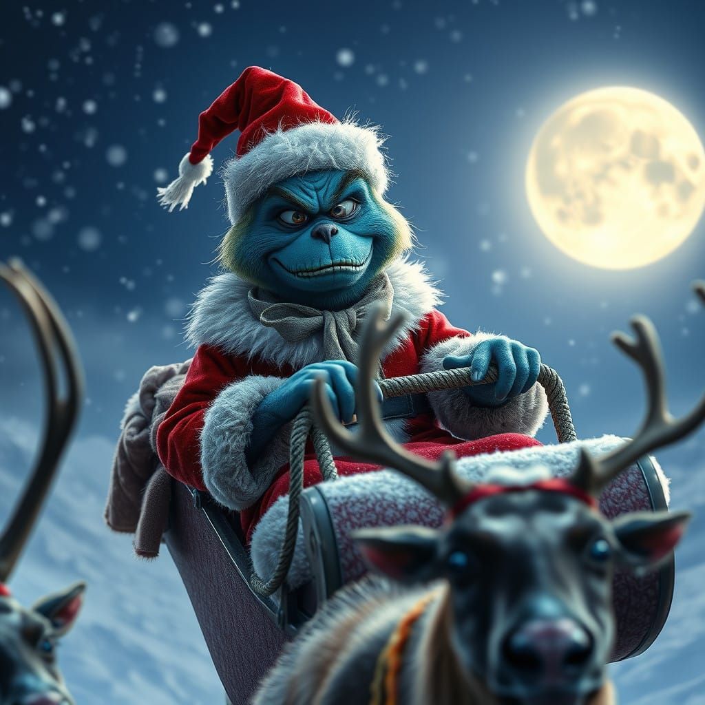 Grumpy Grinch Sleighs Through Snowy Night Sky in Photorealis...