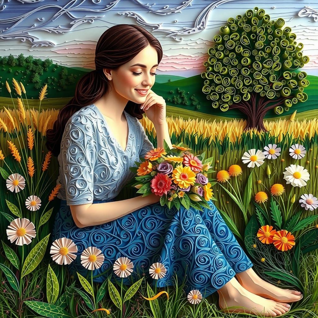 Woman with Flowers in Meadow, Detailed 3D Render