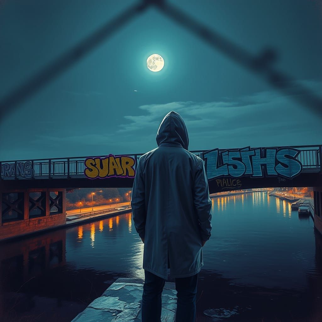 Surreal Figure on Bridge with Vibrant Graffiti