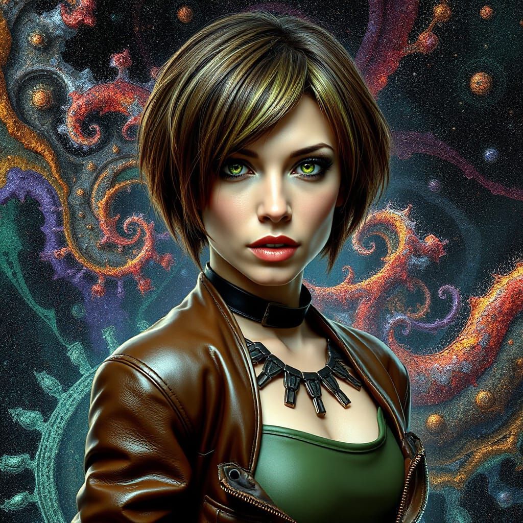 Cyberpunk Humanoid Goddess in Cosmic Fractal Landscape