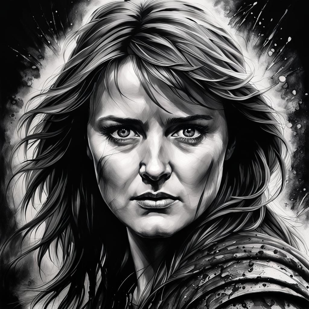 Lucy Lawless portrait with ink splashes blending into the features for a dramatic effect.
