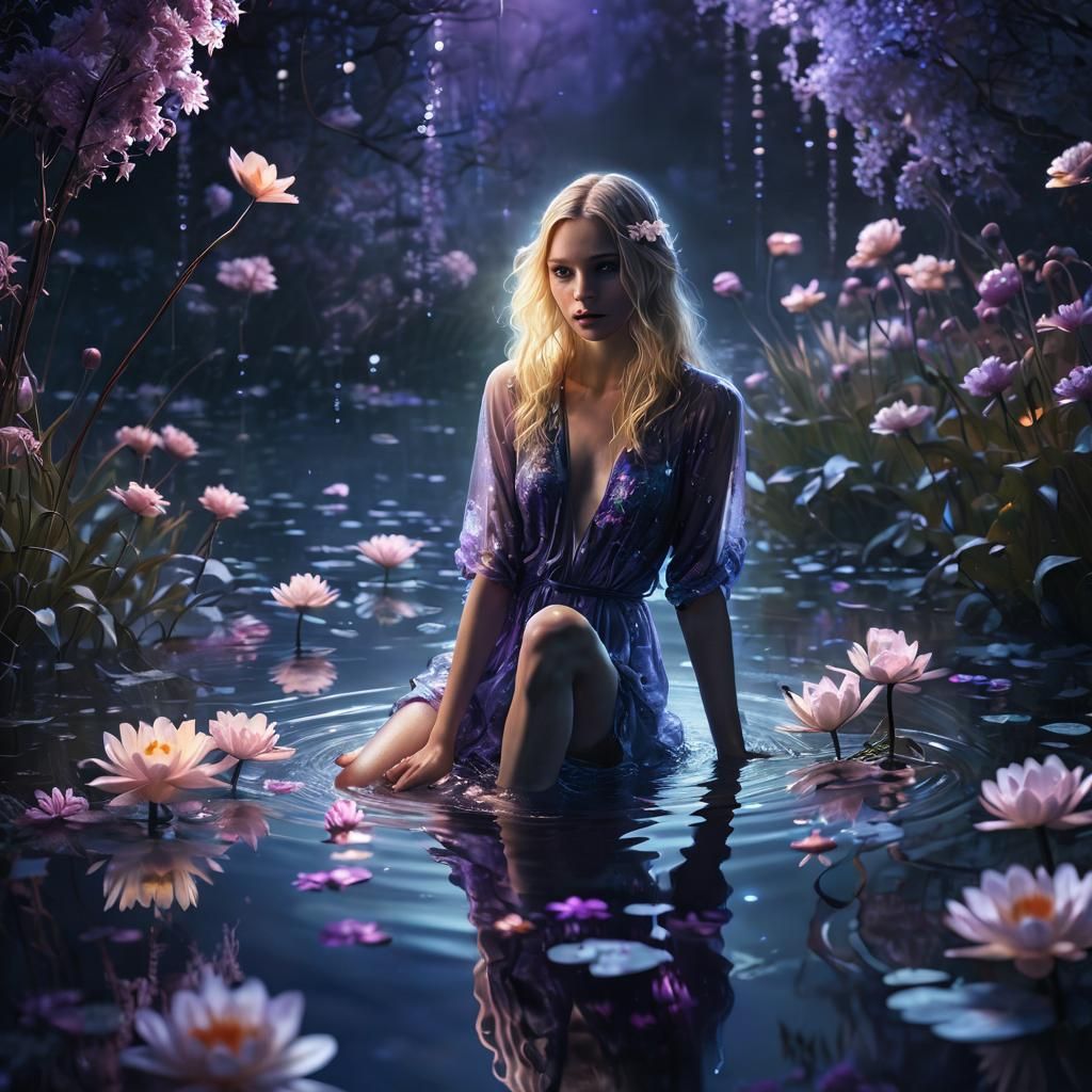 Ethereal Blonde Woman in Midnight Pond: Surreal Digital Art