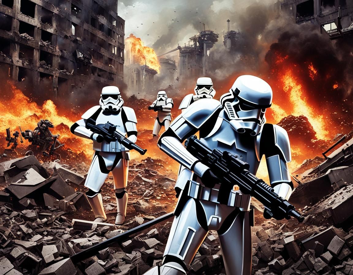 Stormtroopers Battle in Ruined City: Oil Painting