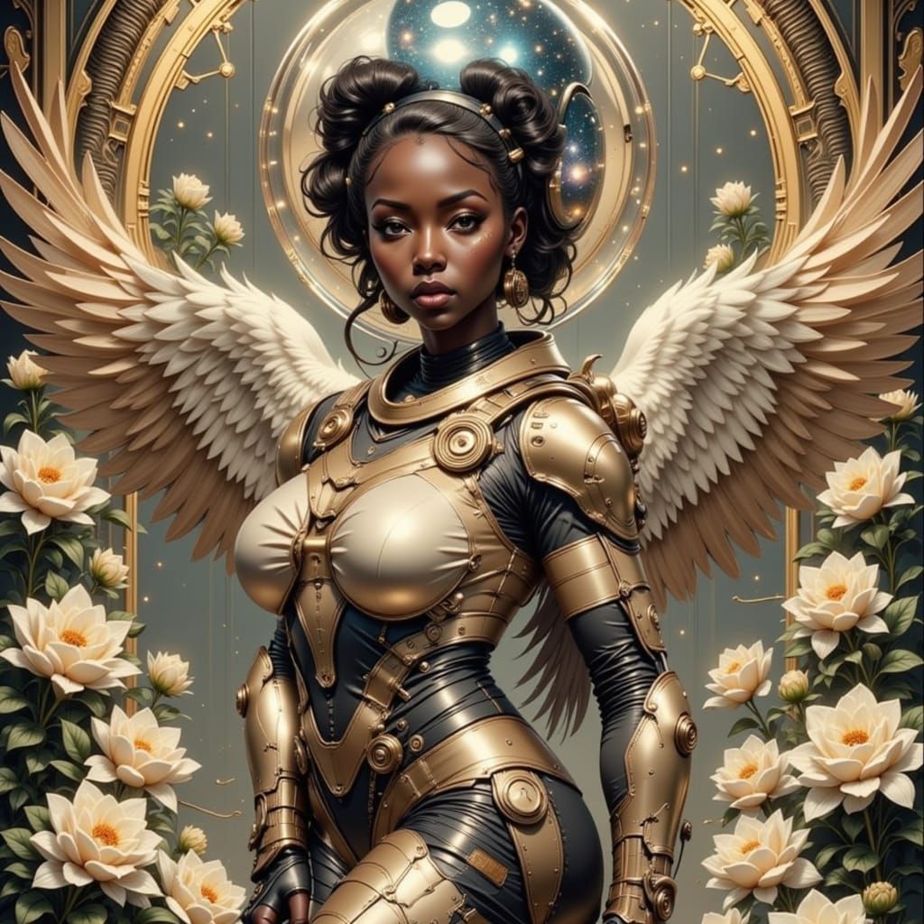 Ethereal Angel in Baroque Spacesuit with Art Nouveau Tapestr...