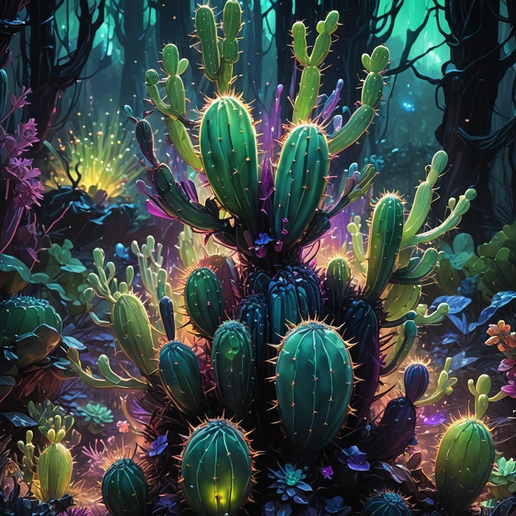 Glowing Glass Cactus in Mystical Forest: Fantasy Art