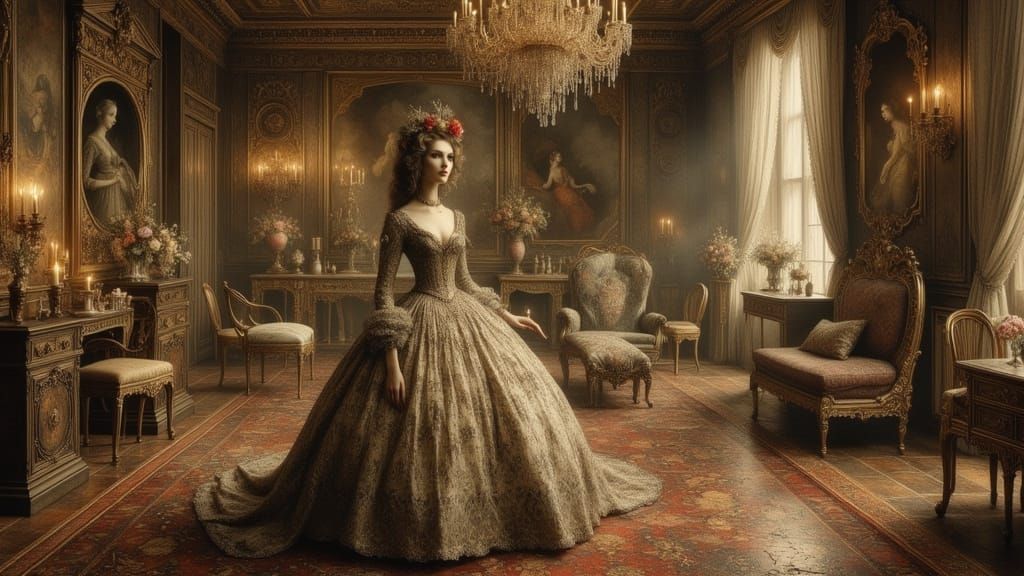 Elegant Woman in Rococo Ballroom, Oil Painting Style