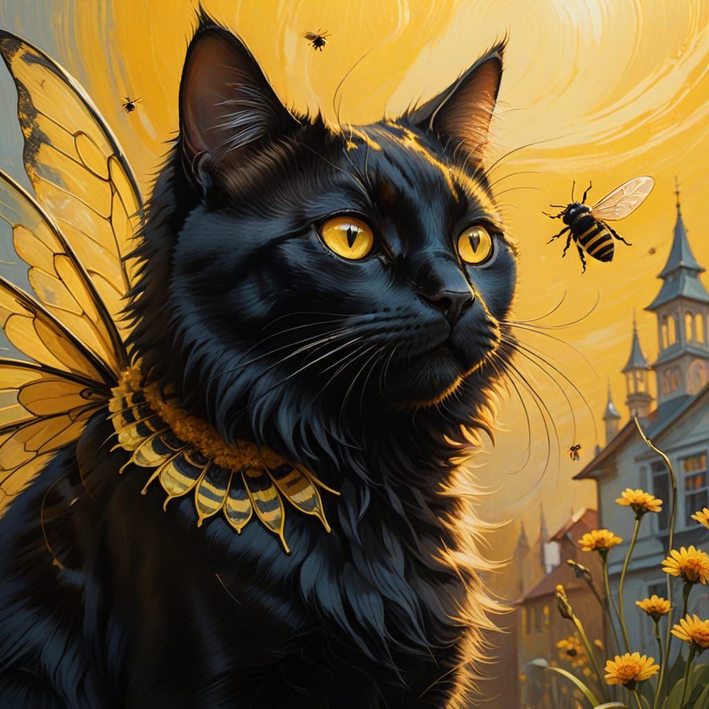 Surreal Bee-Winged Black Cat in Oil Painting Style