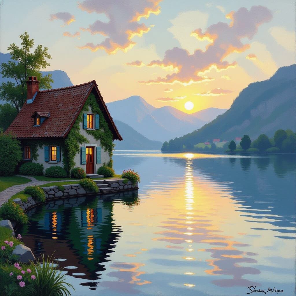 Quaint Ivy Cottage by Tranquil Lake at Sunset
