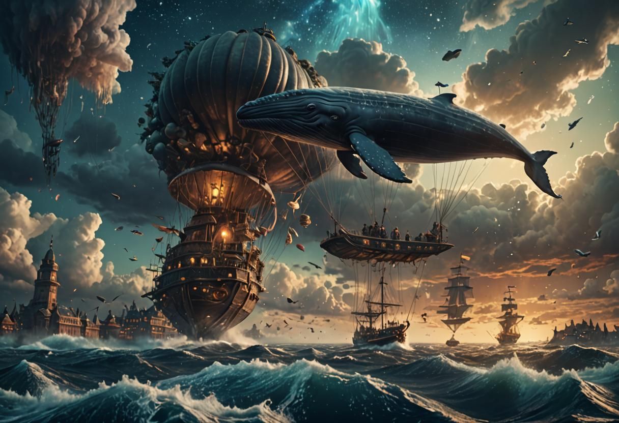 Zeppelin Sailing on Whale in Night Sky
