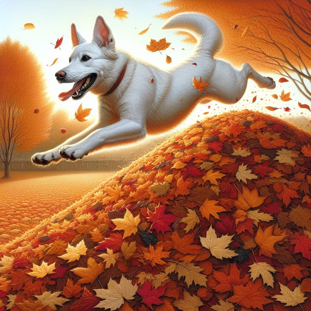 Happy Dog Diving into Autumn Leaves