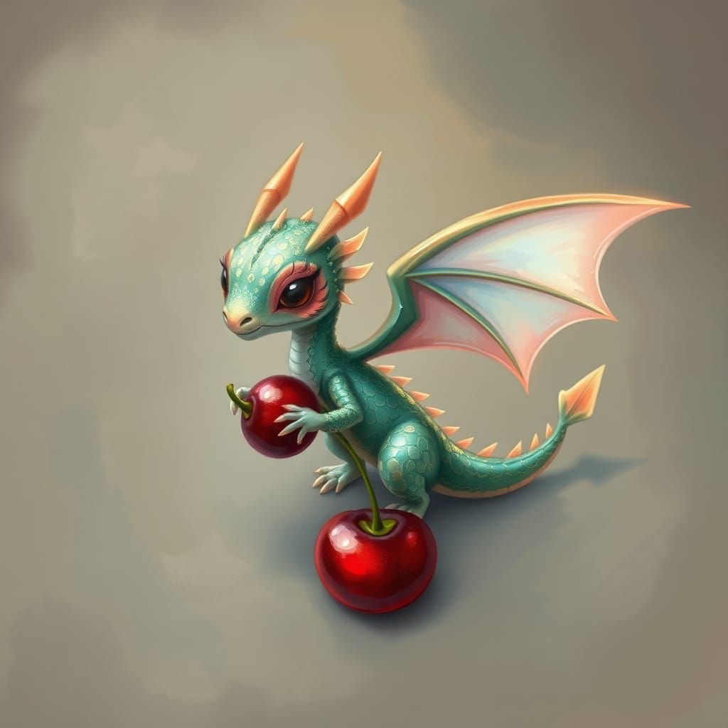 Whimsical Iridescent Dragon with Cherry in Dreamy Textural L...