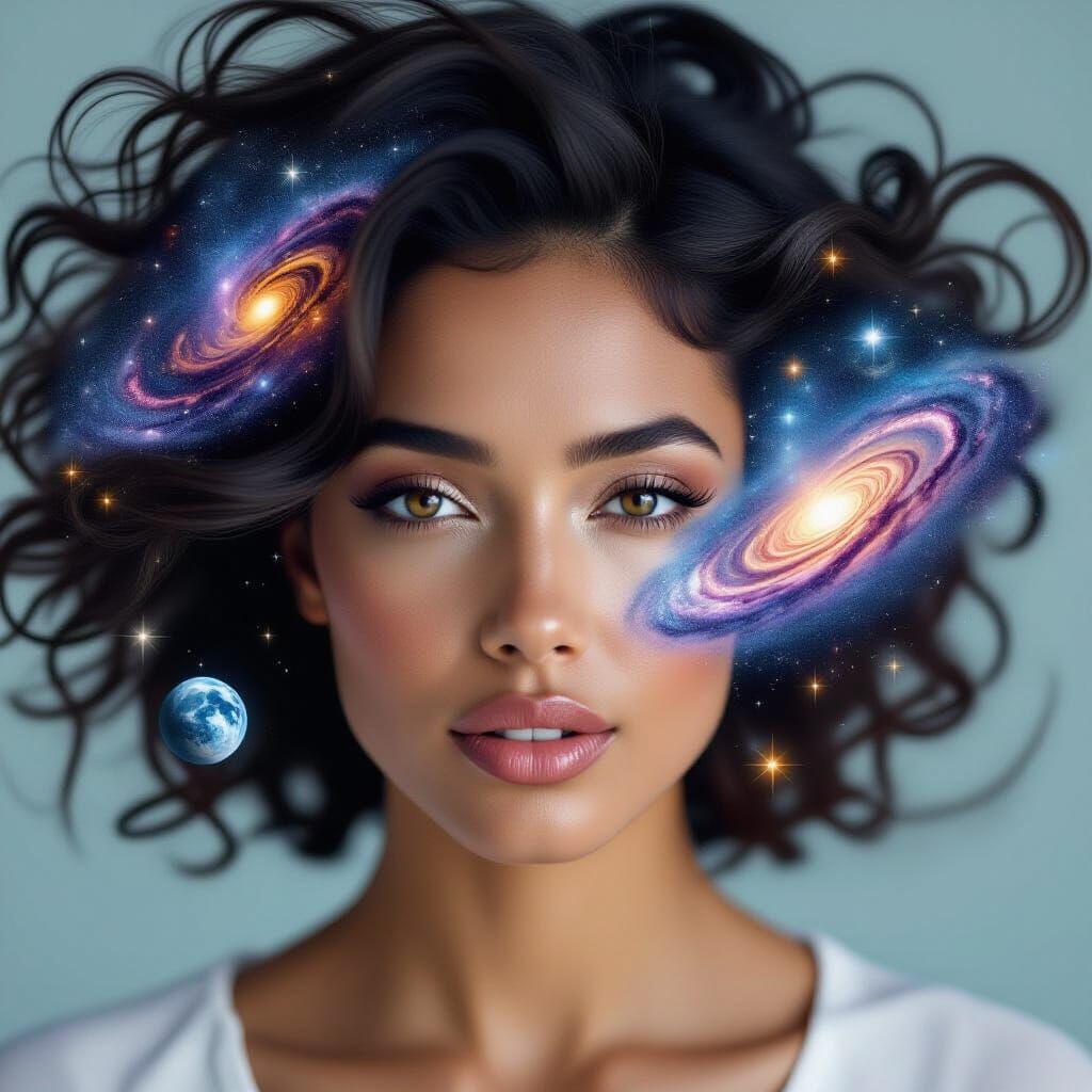 Galactic Woman Portrait: Surreal Nebulae and Stars