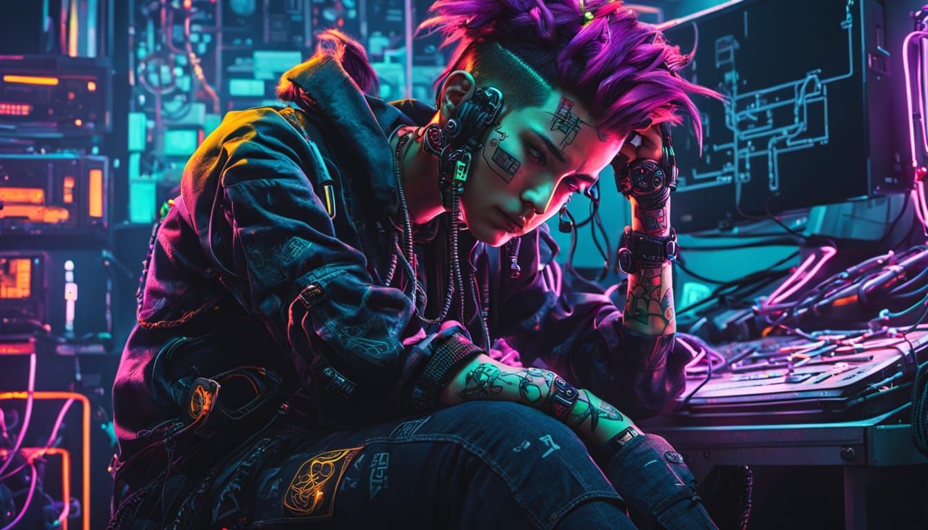 Depressed Techno Punk Portrait in Cyberpunk Style
