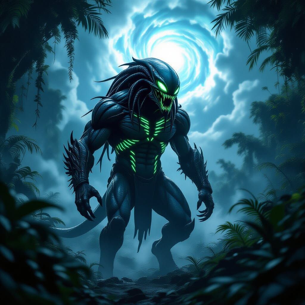 Fearsome Alien Predator in Dark Jungle