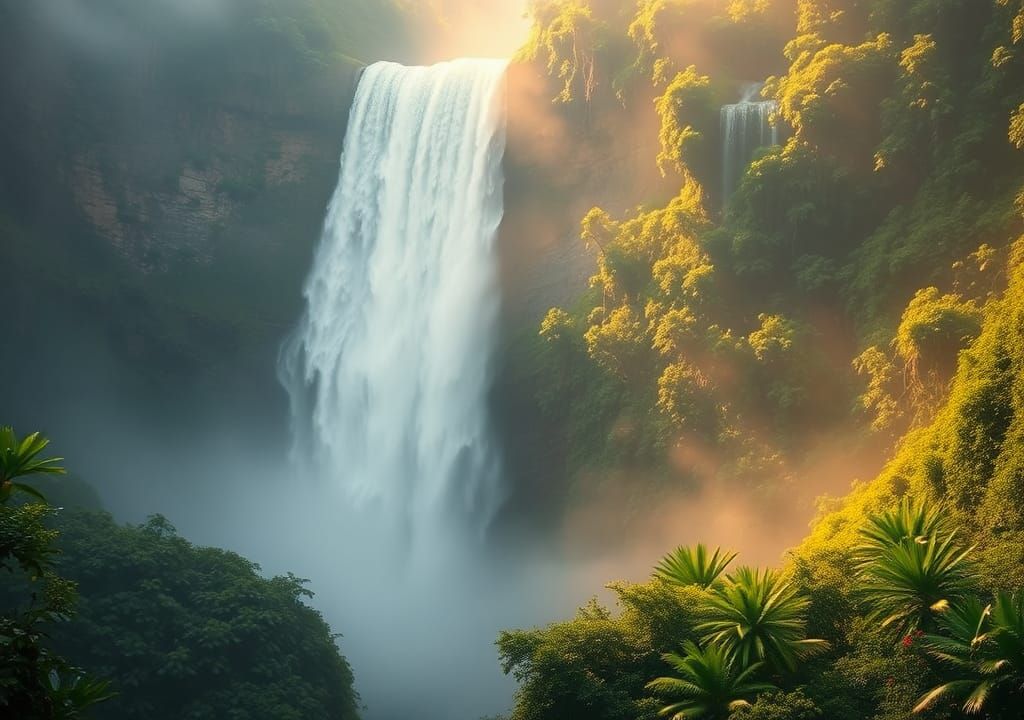 Misty Waterfall Landscape in Atmospheric Style