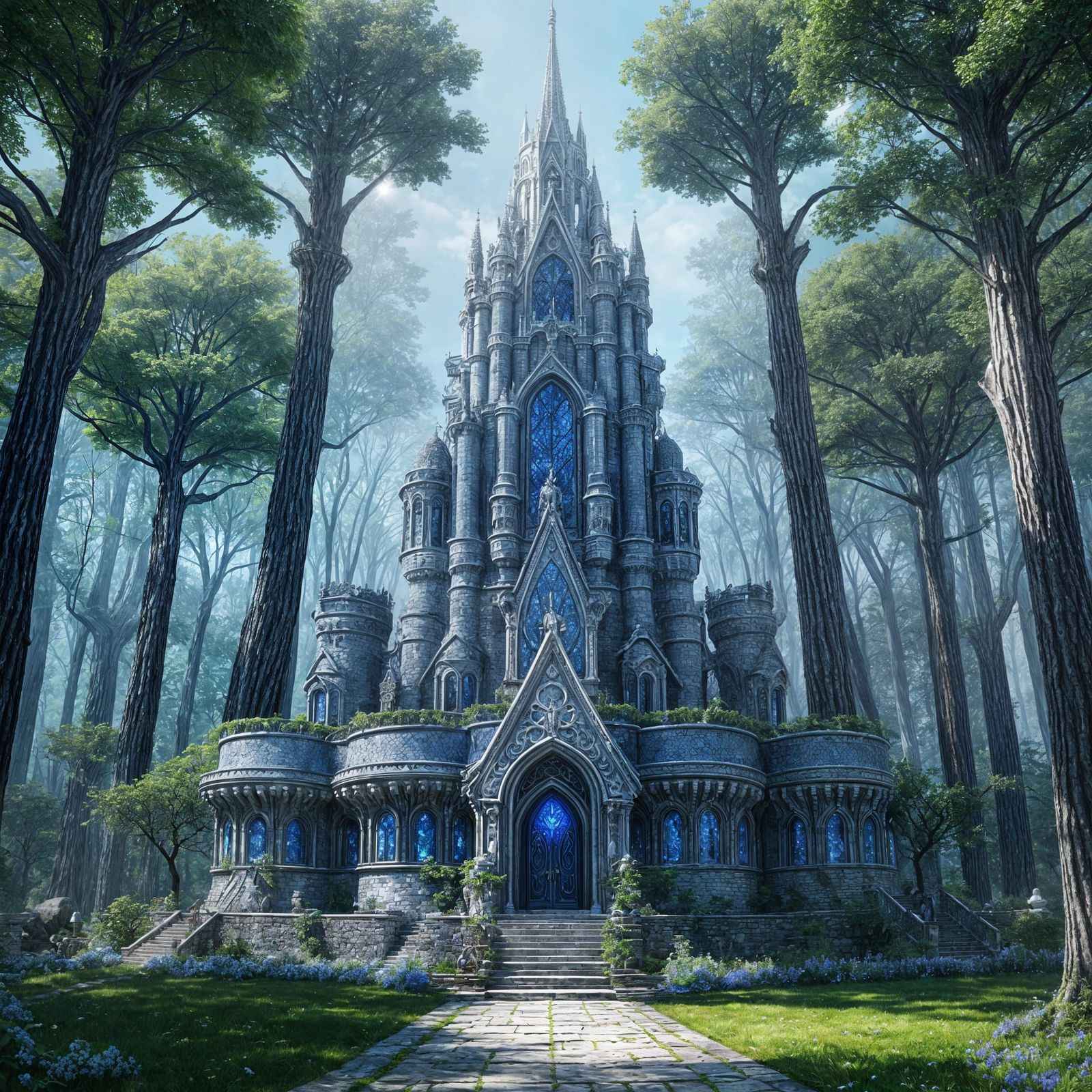 Ornate Silver Tower in Elven City, Hyperrealistic