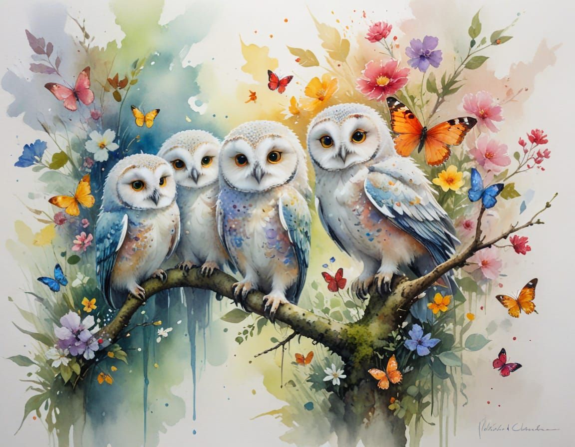 Owlets in Magical Garden: Watercolor Painting