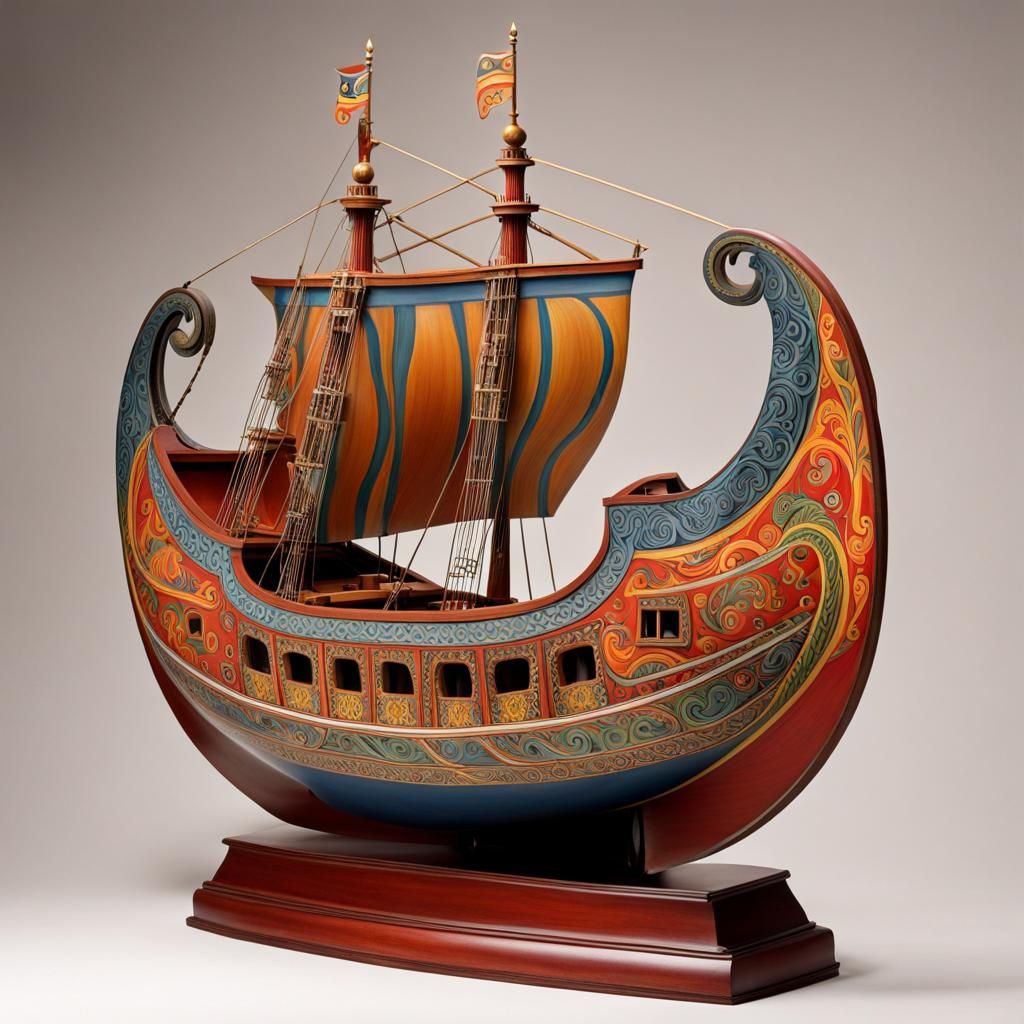 Viking Longship Model in Folk Art Style