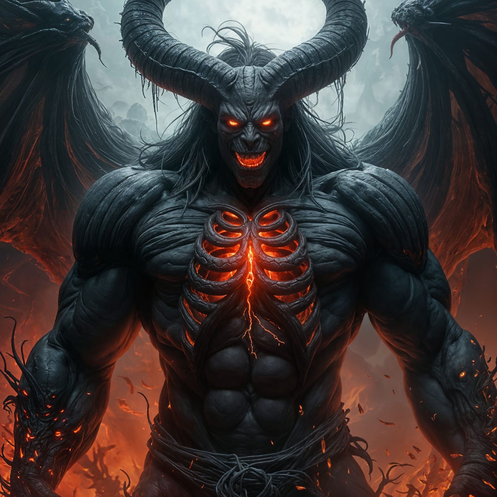 Demon Lord Portrait: Crimson Eyes & Skeletal Chest in Dark F...