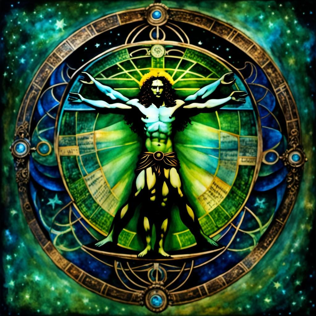 Vitruvian Man with Steampunk Creatures in Watercolor