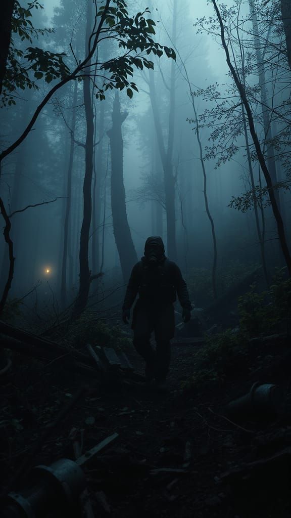 Wanderer in Foggy Forest Ruins