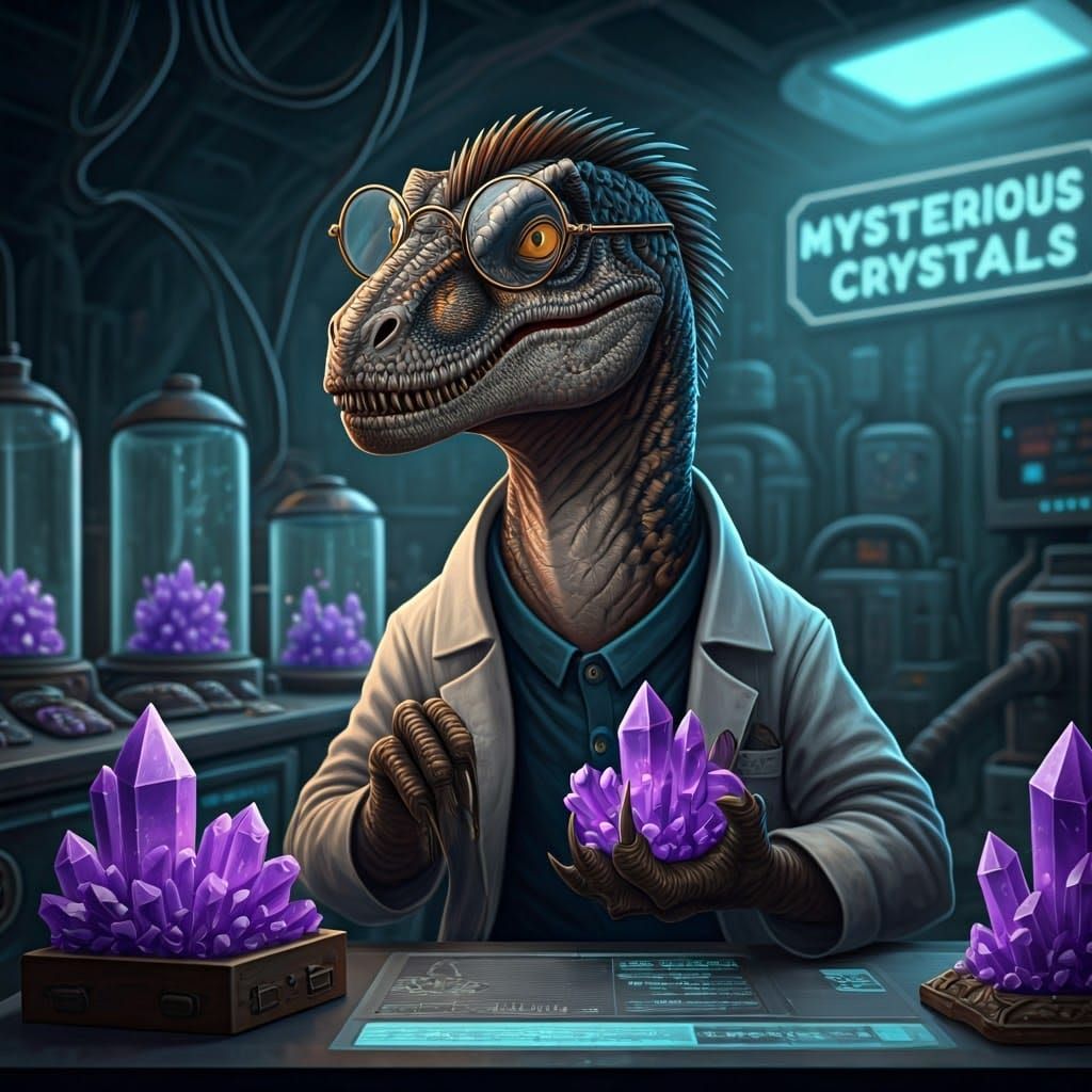 Velociraptor Scientist with Mysterious Crystals in Lab