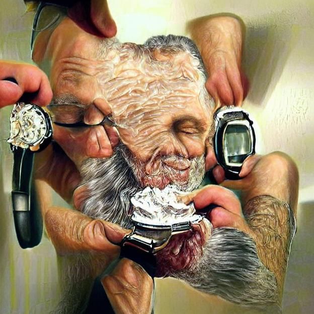 old man shaving a bearded watch hyperrealism