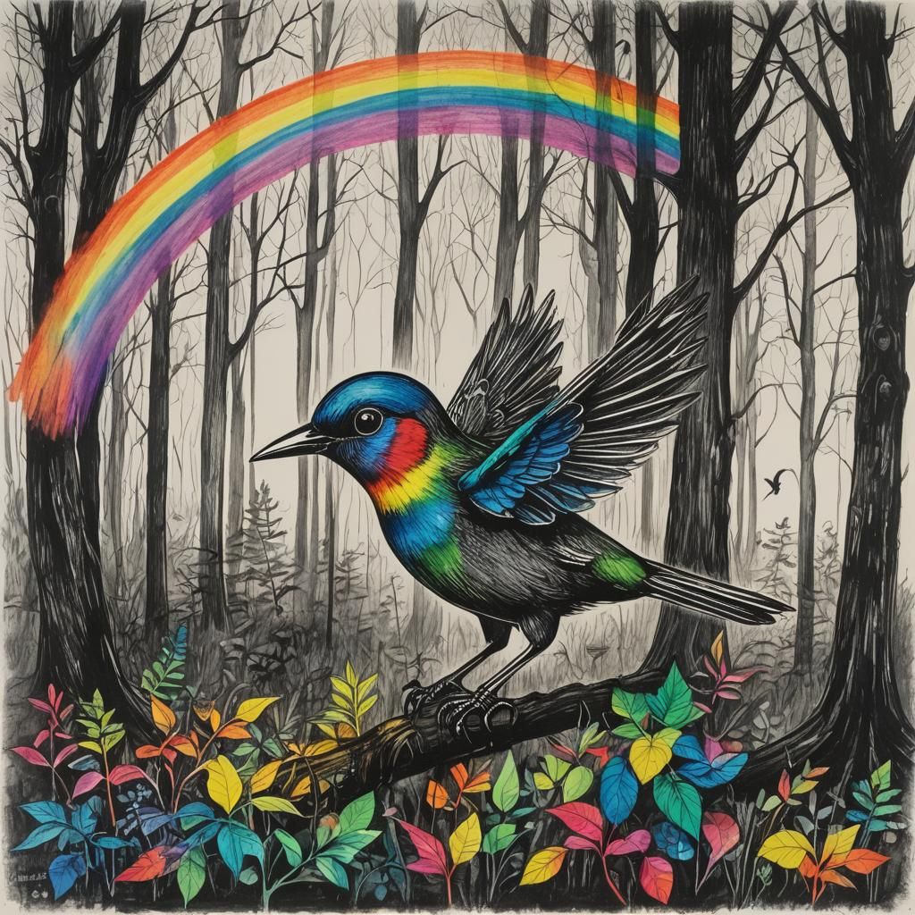 Surreal Child's Drawing with Rainbow Fairy