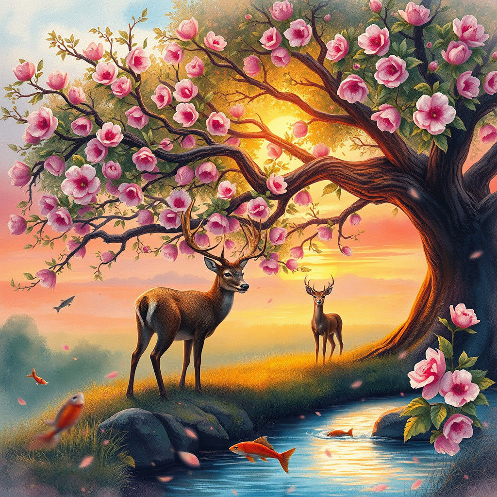 Deer at Sunset: Ethereal Watercolor Landscape