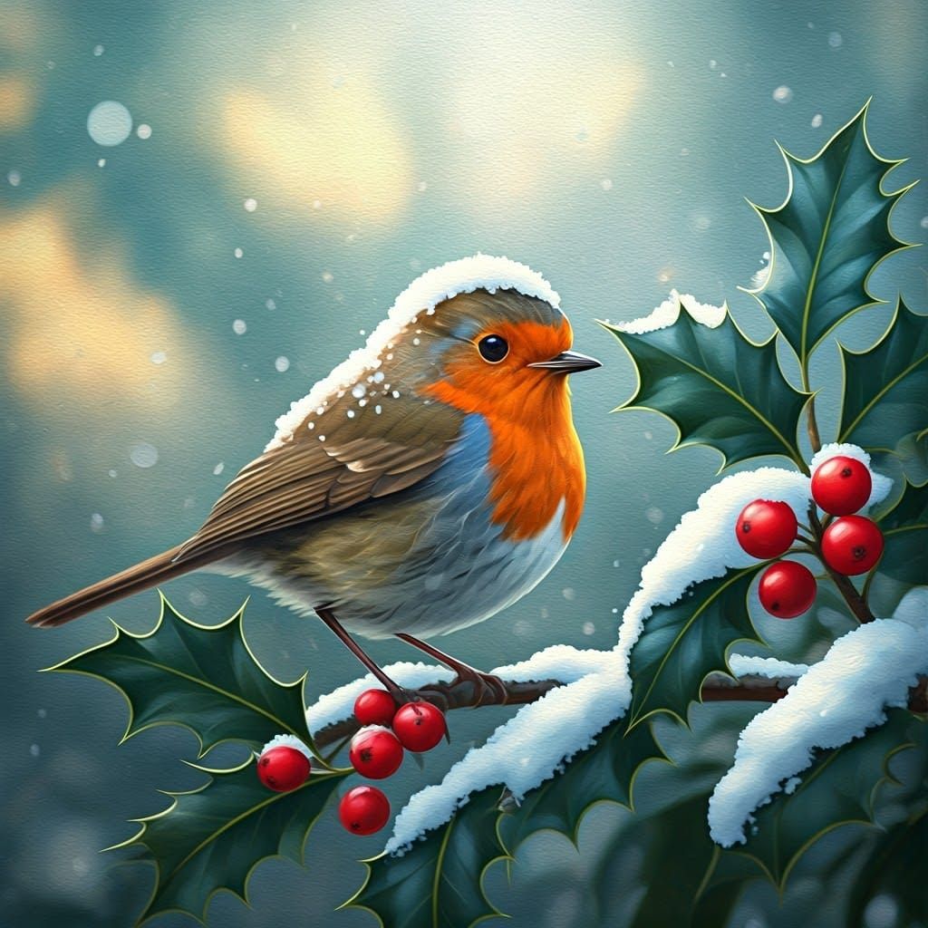 Robin Hiding in Holly, Watercolor Art Nouveau Style