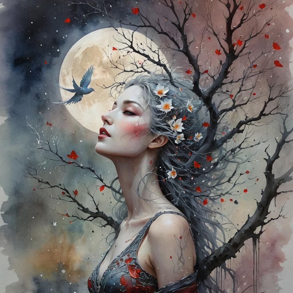 Ethereal Watercolor Portrait of Woman, Tree and Dove