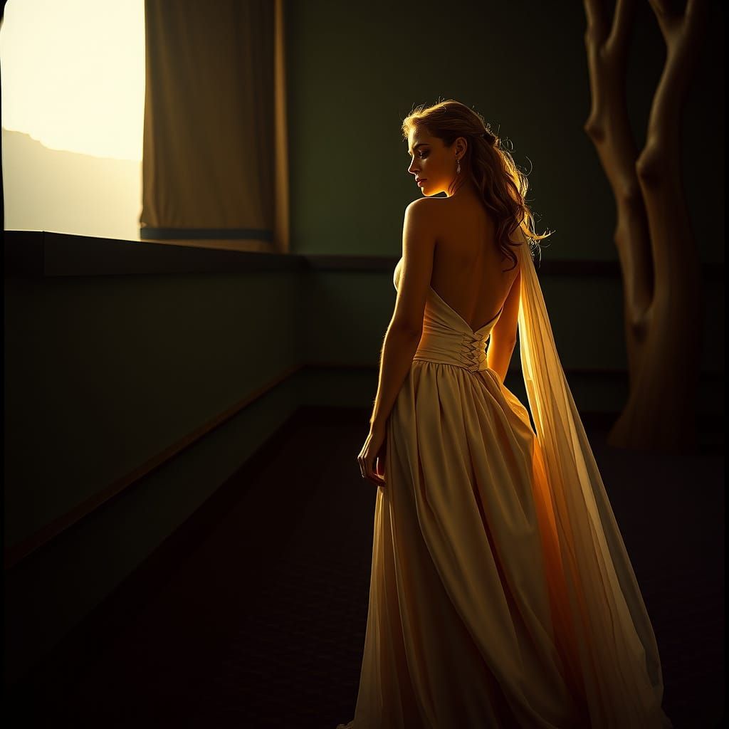 Elegant Woman in Gown, Cinematic Film Still