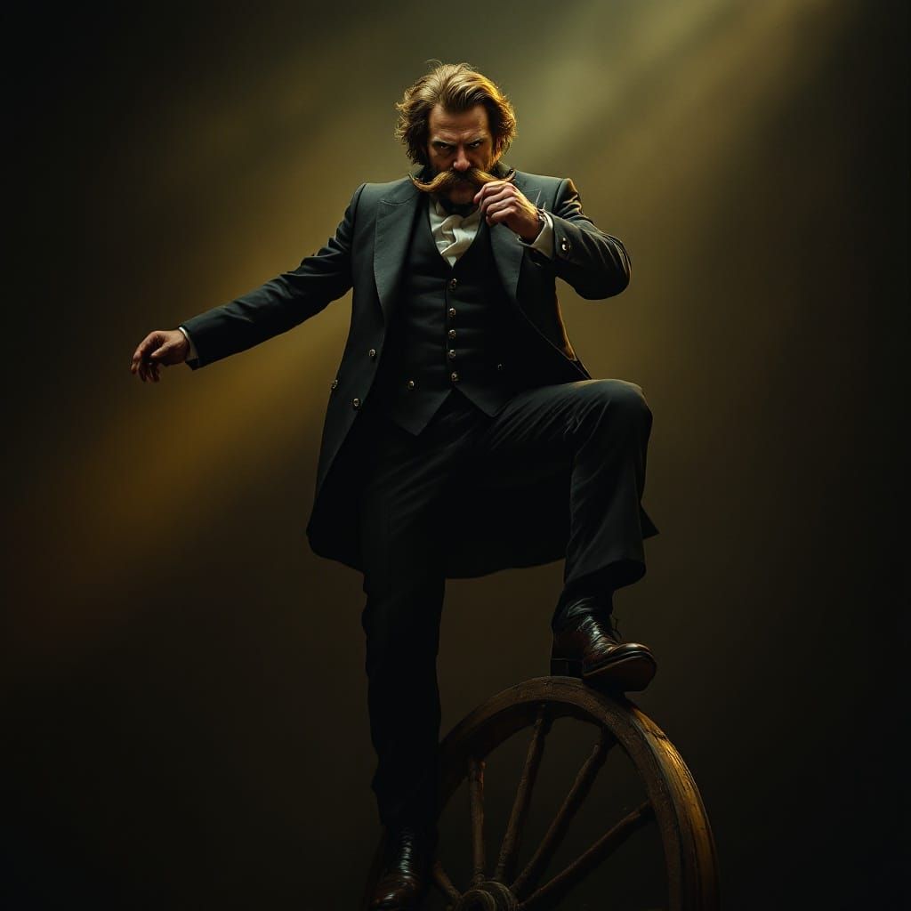 Baron von Winkelberry the 3rd, balancing atop a wheel on one foot, stroking his impressive mustache.