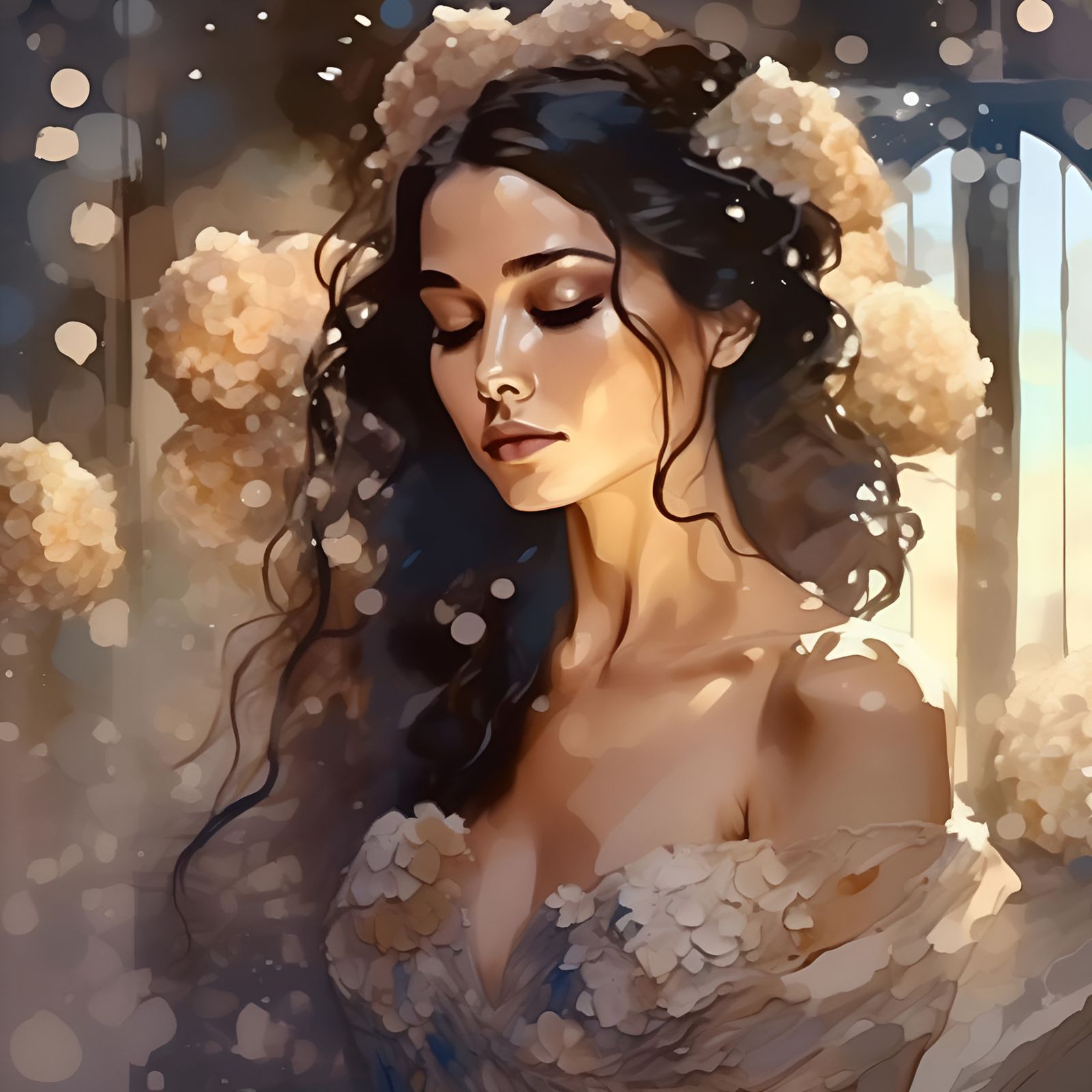 Woman in Wedding Dress with Painterly Hydrangeas