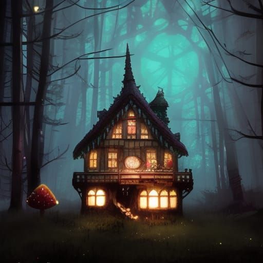 Magical Gingerbread Treehouse Illustration in Ghibli Style